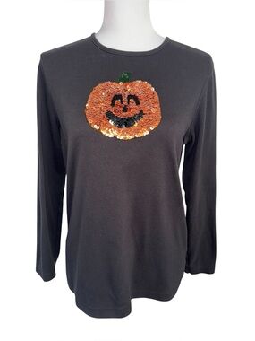 Studio Treat Sequin‎ Jack O Lantern Top Womens Medium Black Halloween Shirt